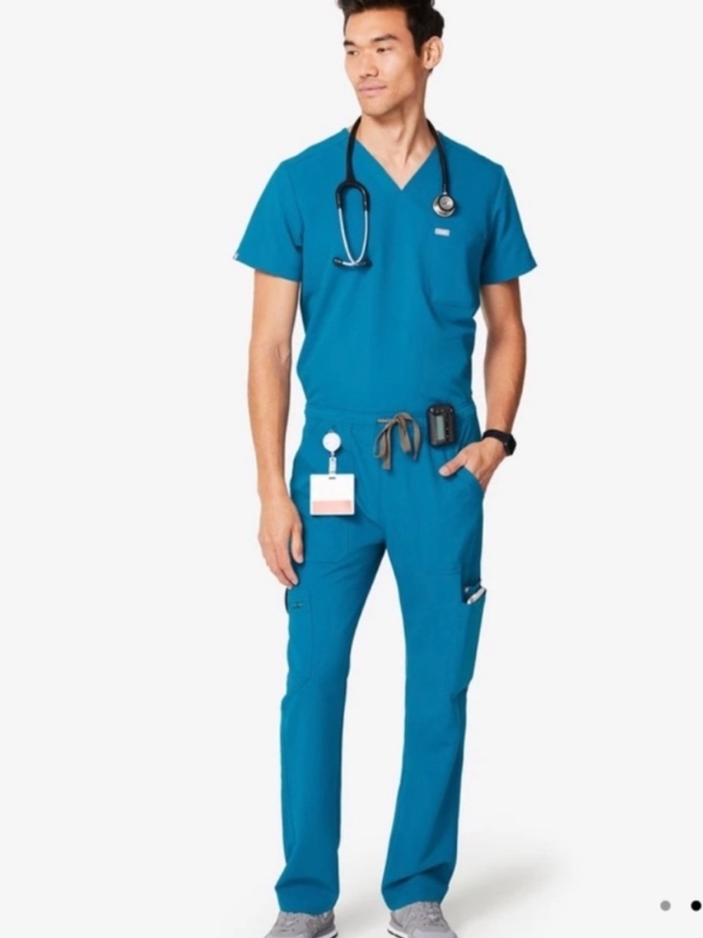 FIGS Leon Two Pocket Top and Cairo Cargo Pant Alps Blue Scrub Set